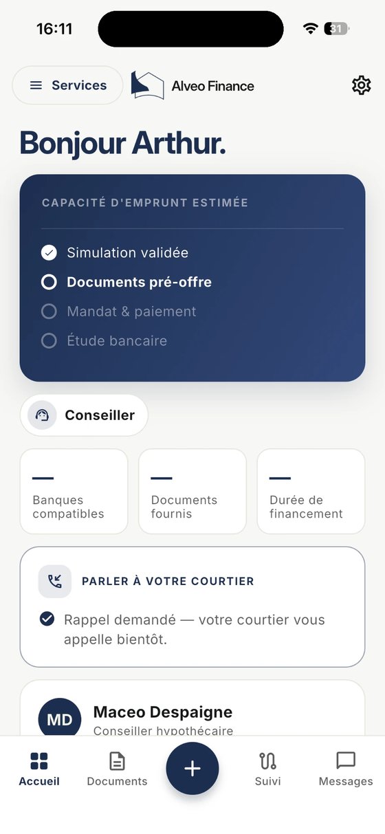 Alveo Finance app home screen: application tracking and dedicated adviser