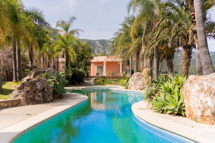Una villa con piscina rodeada de palmeras