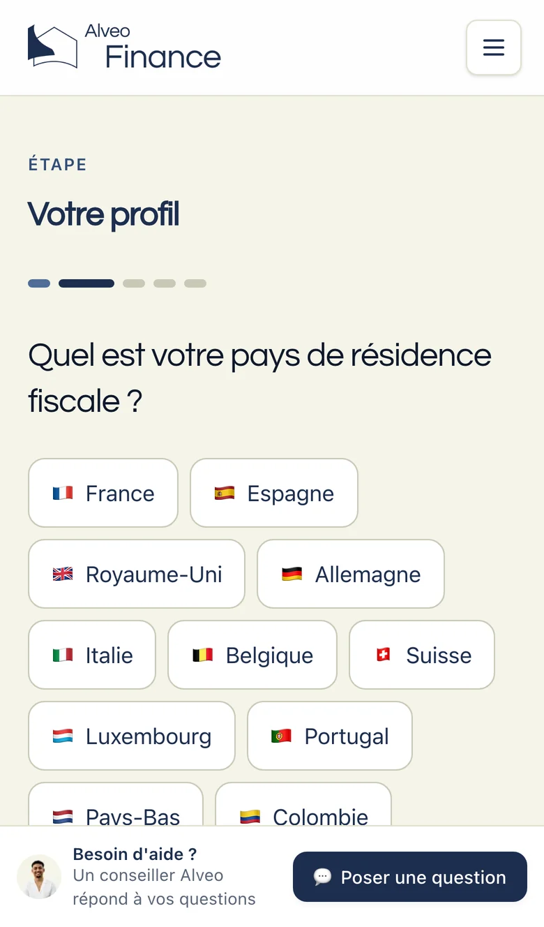 Le simulateur sur téléphone : pays de résidence fiscale